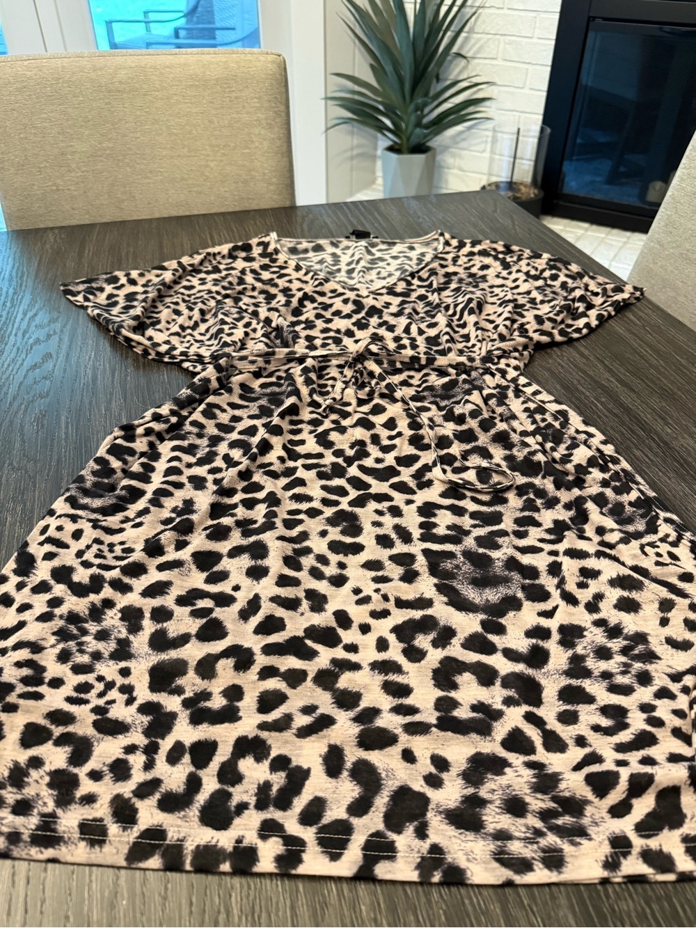 Leopard Print V-Neck Wrap Swimsuit Coverup Dress - Beige & Black